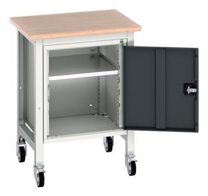 verso mobile workstand with cupboard & multiplex top. WxDxH: 700x600x930mm. RAL 7035/5010 or selected Verso Mobile Work Benches for assembly and production